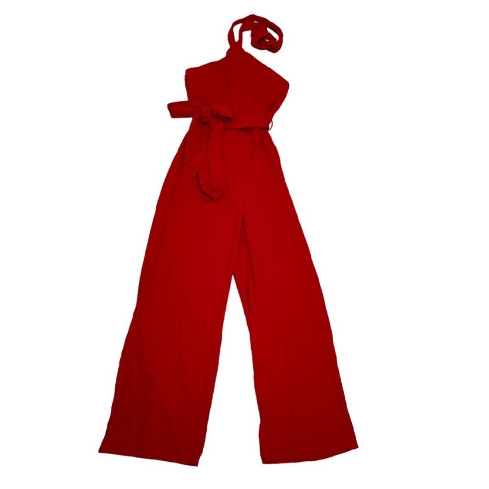 Women's Sleeveless Halter Tied Backless Red Jumpsuit